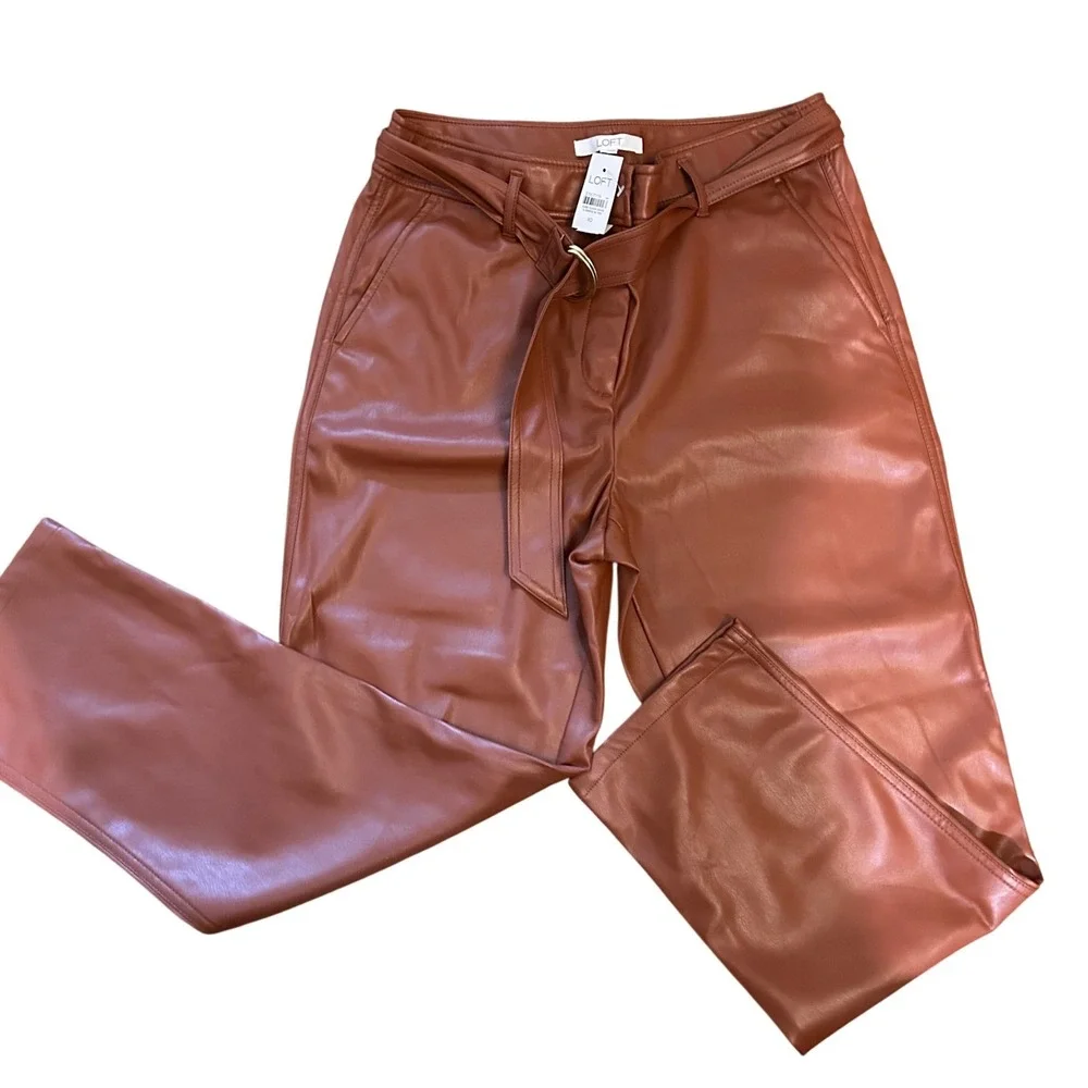 LOFT‎ Faux Leather Pants Brown Rust Size 10 Straight Leg Belted Chic Work Office